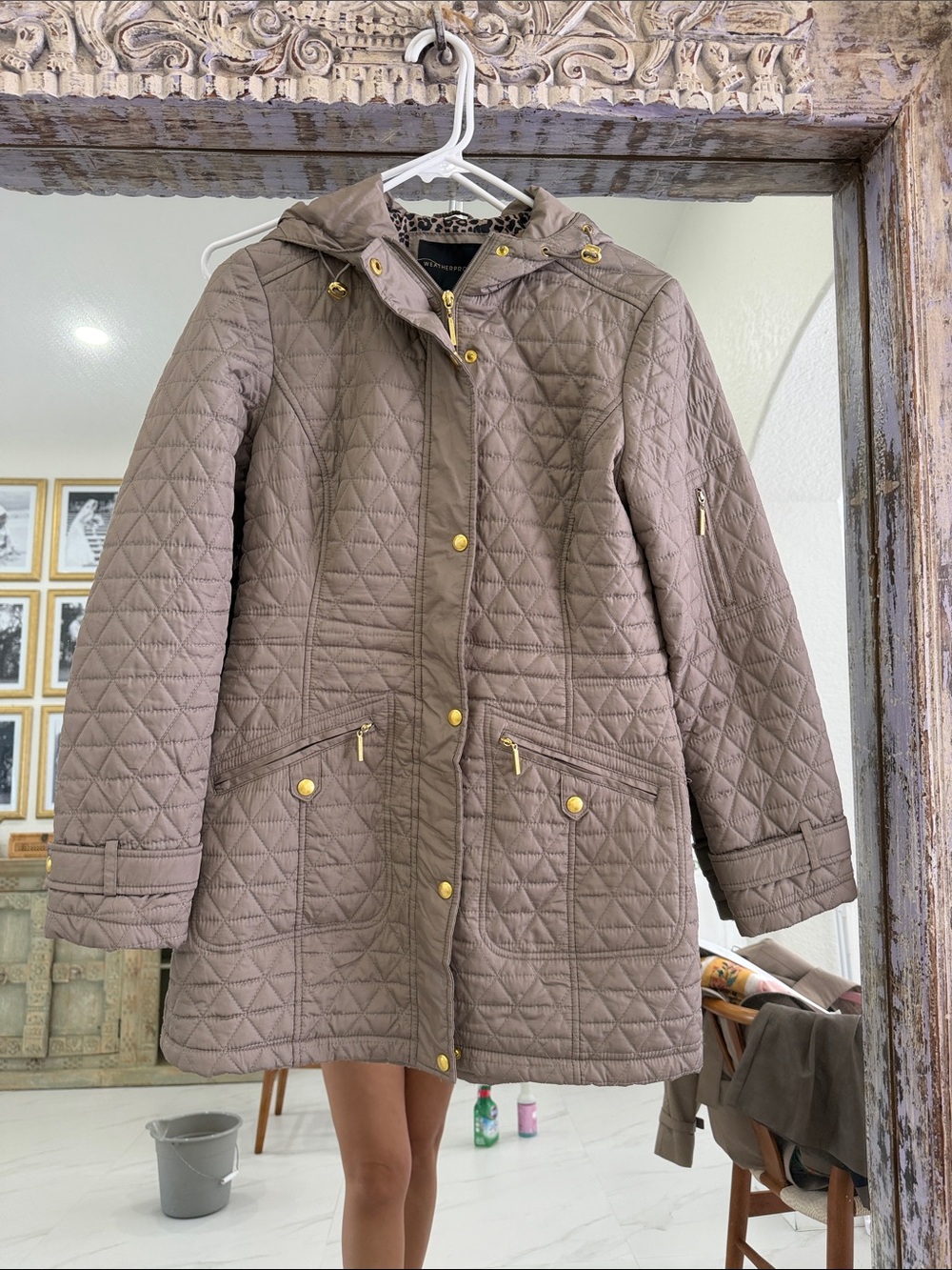 Weatherproof Taupe Quilted Hooded Puffer Coat with Gold Hardware